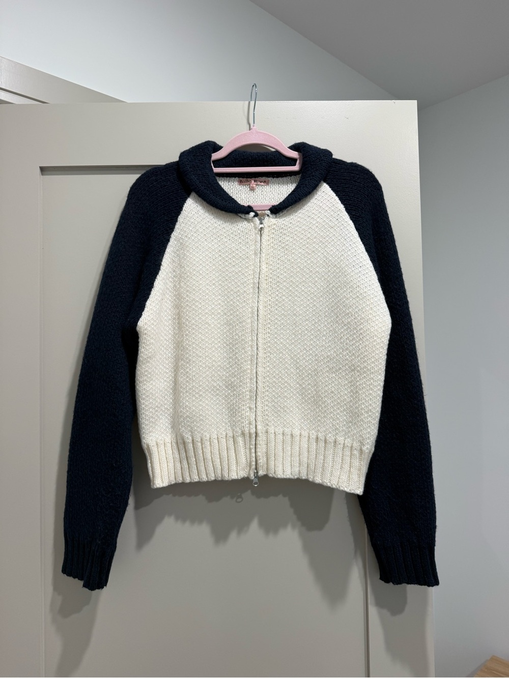 Women's Two-Tone Knit Zip Hoodie Jacket - Navy & White